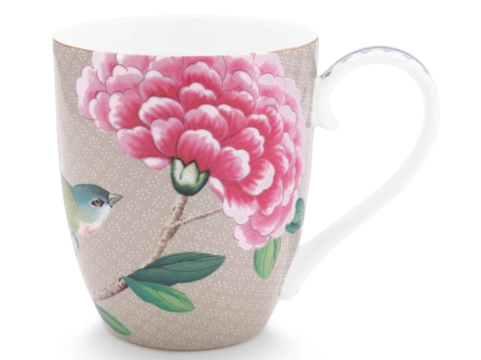 PiP Studio Becher Blushing Birds Henkelbecher XL khaki 0,45 l, Porzellan, Mug XL Blushing Birds Khaki 450ml