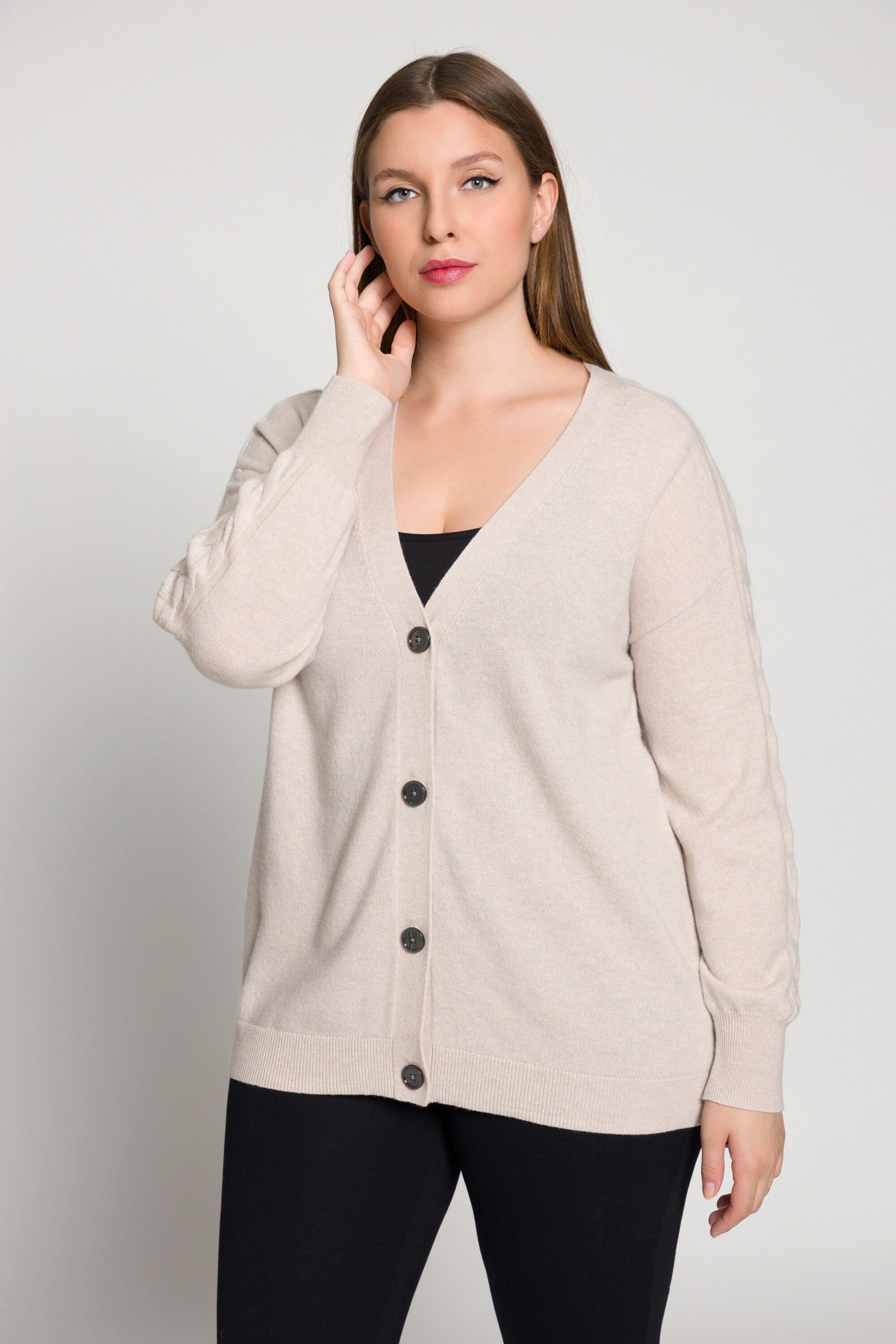 Strickjacke Ulla Zopfmuster Popken Strickjacke Oversized V-Ausschnitt