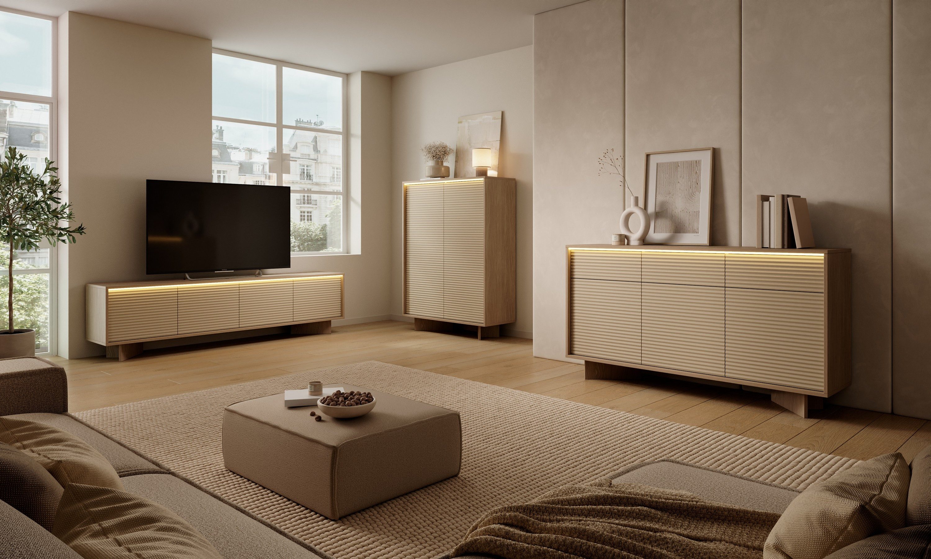 Masseno Lowboard RIGATO 203,9 cm TV-Schrank mit 4 Türen Beige