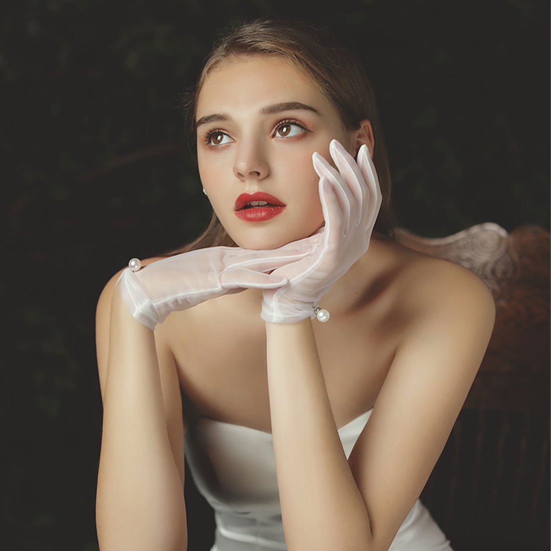 DÖRÖY Handschuhe, Braut Handschuhe Perle weiße kurze Hochzeit Premium Abendhandschuhe