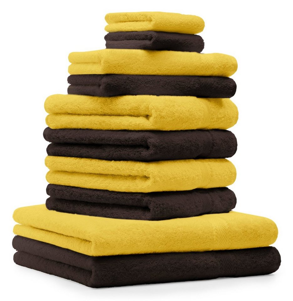 Betz Handtuch Set 10-TLG. Handtuch-Set Premium Farbe Gelb & Dunkelbraun,  100% Baumwolle, (10-tlg)