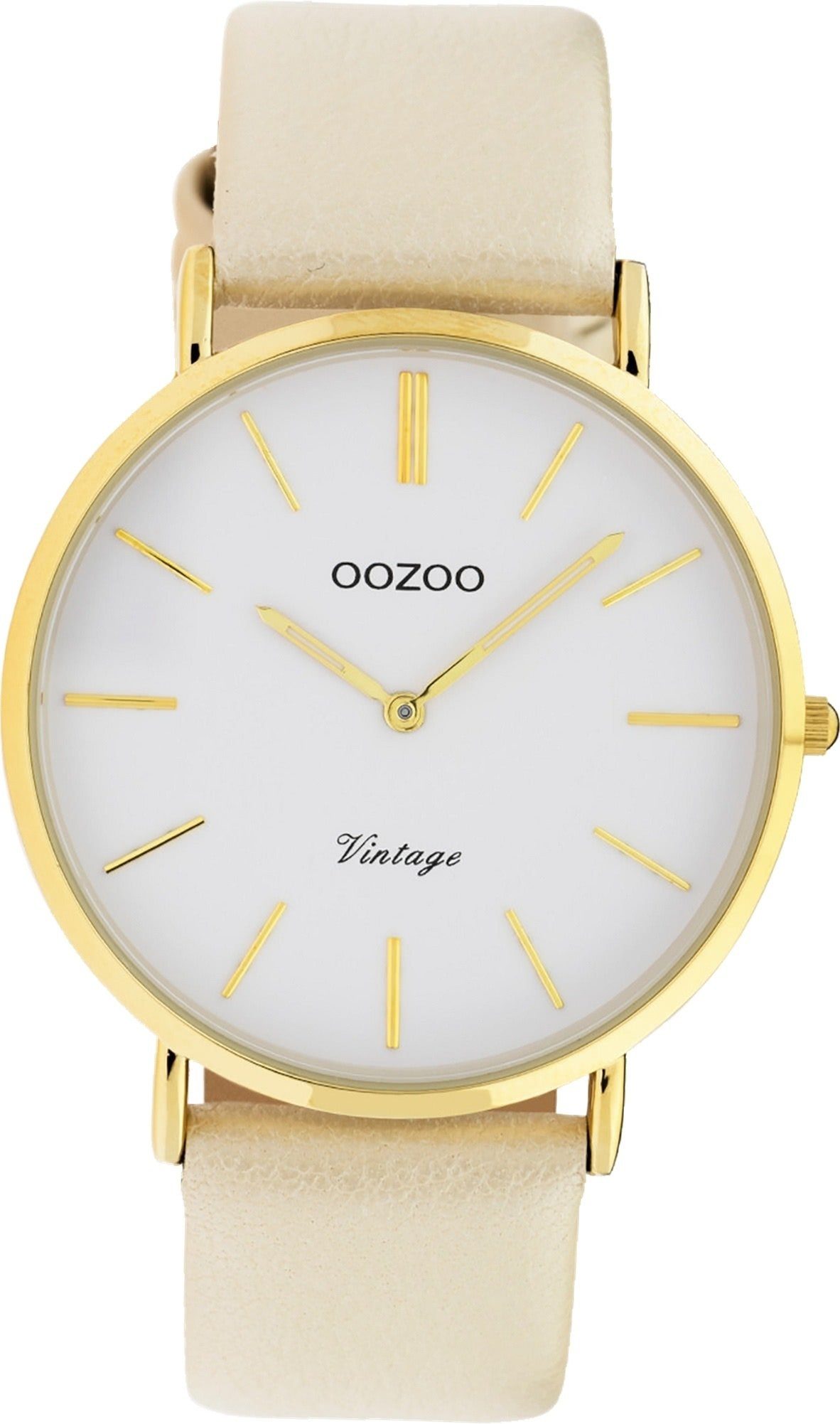 OOZOO Quarzuhr Oozoo Leder Damen Uhr C9961 Analog, Damenuhr Lederarmband creme, rundes Gehäuse, groß (ca. 40mm)
