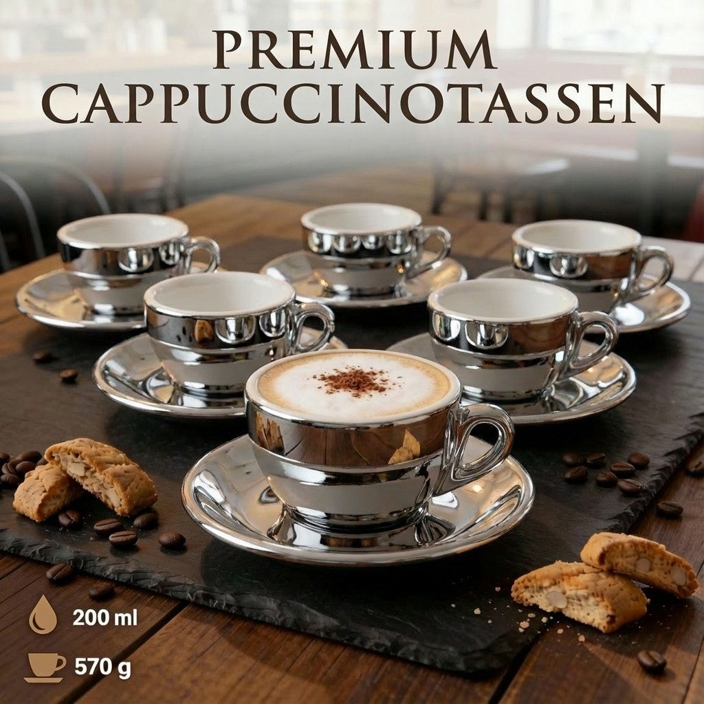 MUVELL Cappuccinotasse 6er Cappuccino-Set "BARI" Tasse 200ml + Untertasse, chrome, 6-tlg., Keramik, 200 ml Silber - Chrome mit weißen Rand und Innenfläche – Bild 5 von 5