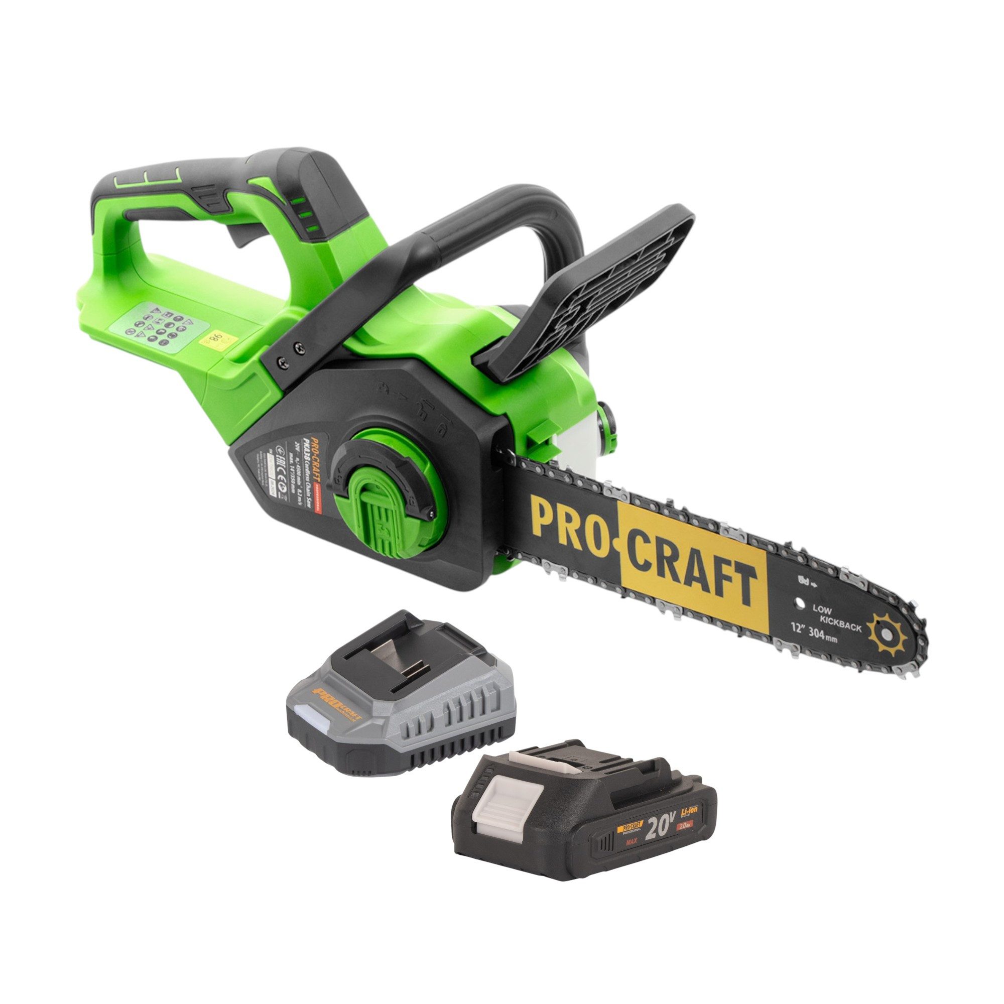 PRO CRAFT Akku-Kettensäge PKA38 20 V 304 mm Brushless + 1x Akku 2,0 Ah + Ladegerät