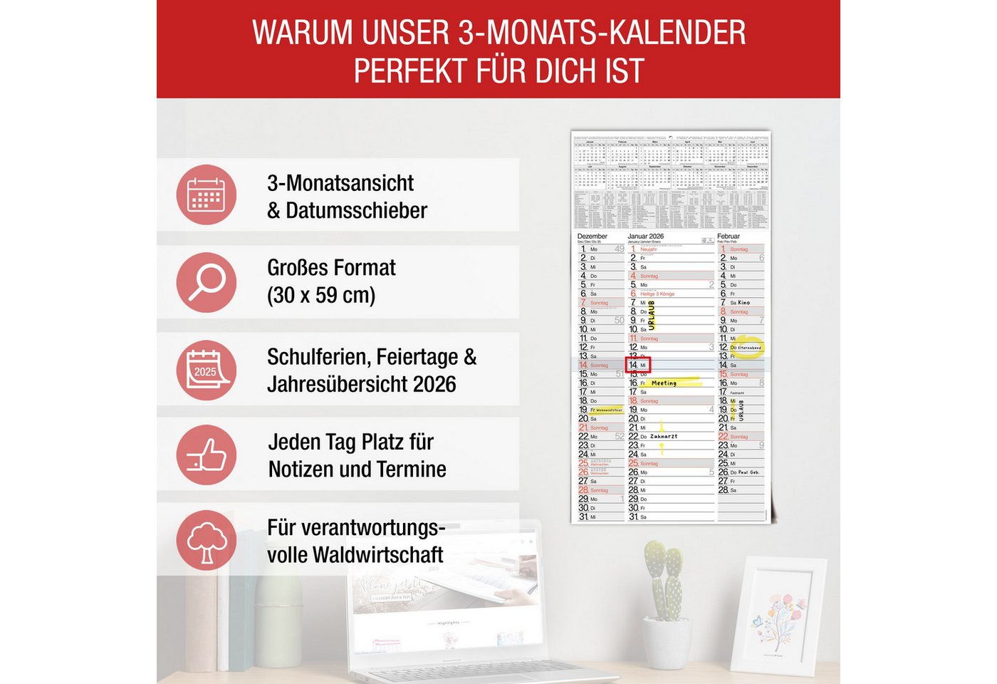 Thumbnail - TOBJA Wandkalender 3 Monatskalender 2026 Wandkalender mit Schieber, nebeneinander, Kalender 2026 Wandkalender, gefalzt!