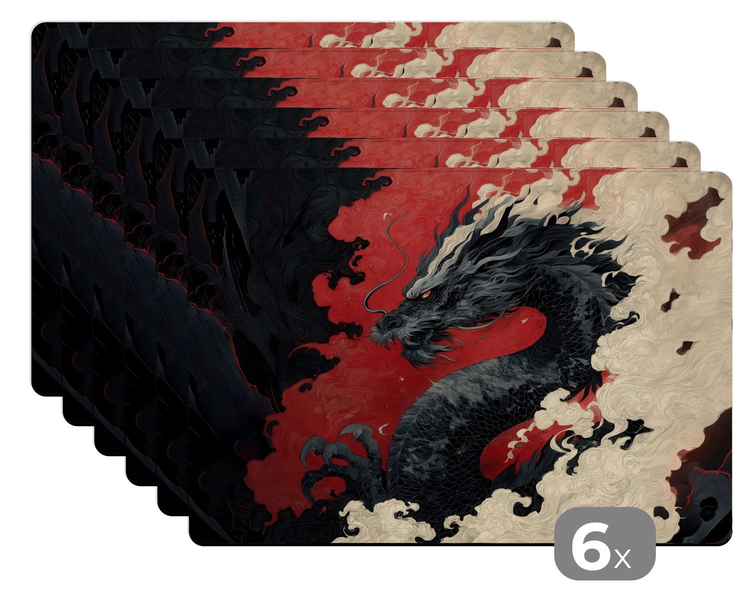 MuchoWow Platzset Schwarzer Drache - Rauchwolken - Rot, (6-St), Platzsets, Tischset, Abwaschbar, Tischsets, Platzdeckchen