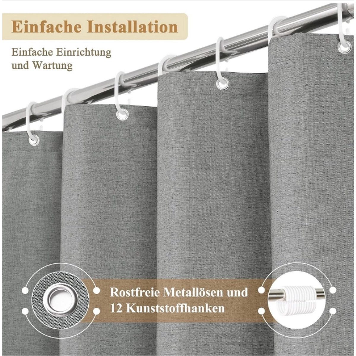 Kraftverdia Duschvorhang Leinen-Look Duschvorhang 180x200cm – Wasserdicht & Waschbar – Bild 4 von 5