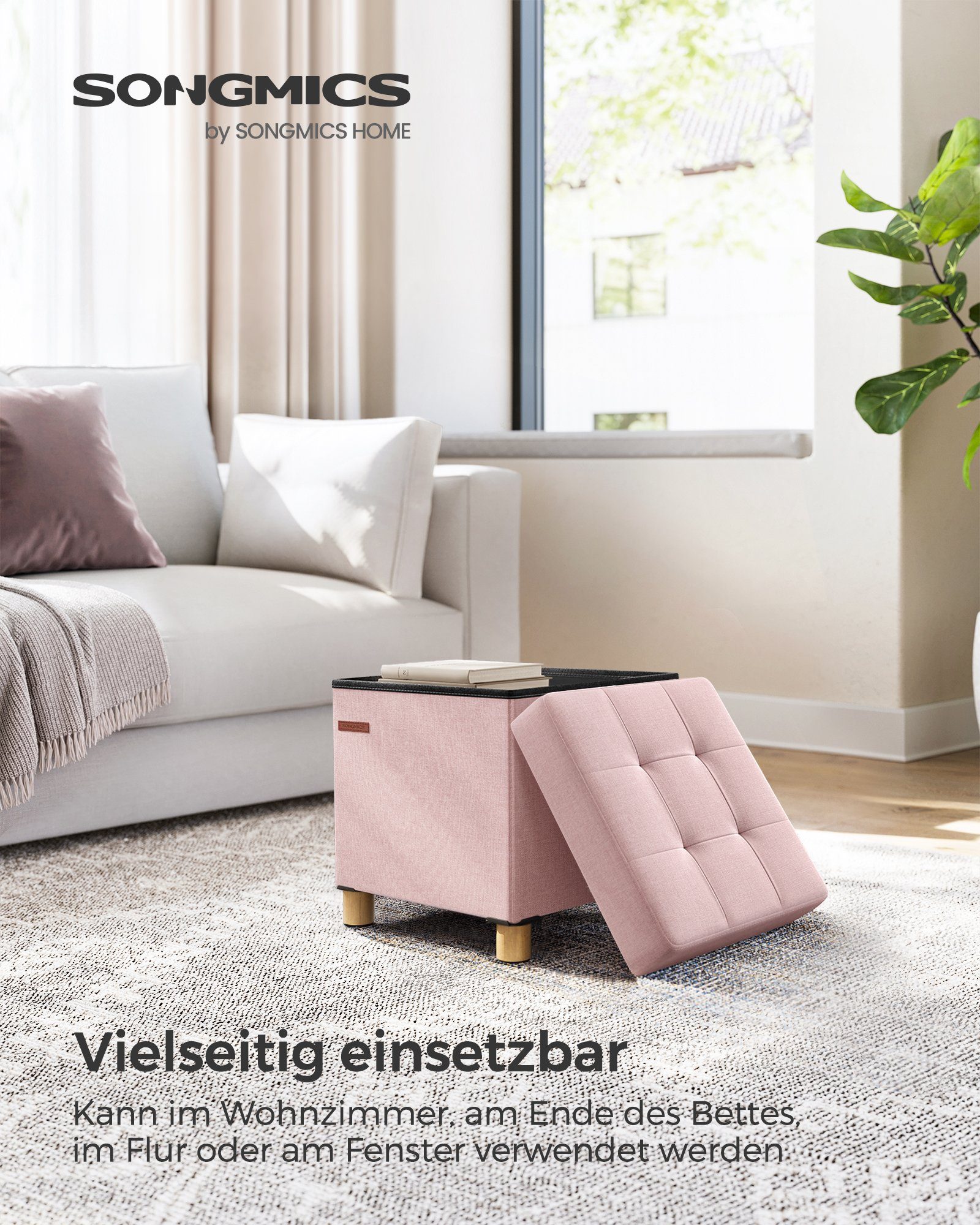 SONGMICS Sitzhocker mit Stauraum, 38 x 38 x 40 cm, für Wohnzimmer Schlafzimmer Schlafsaal, kleine klappbare, Aufbewahrungsbox, bis 300 kg belastbar, pastellrosa
