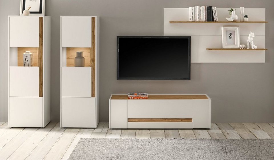Furn.Design Wohnwand Center, (Wohnzimmer Set in weiß mit Wotan Eiche,  Breite 340 cm), mit viel Stauraum