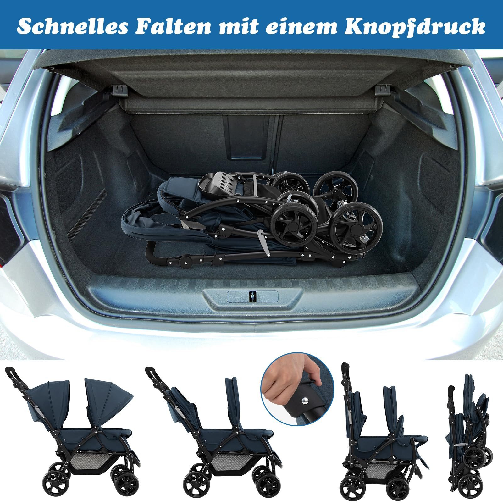 COSTWAY Geschwisterwagen Zwillingsbuggy, mit 5-Punkt Gurt & Einkaufskorb – Bild 4 von 5