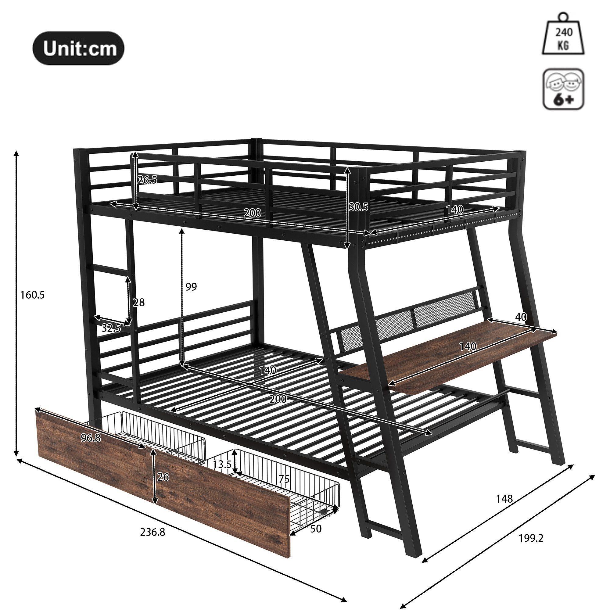 TavilaEcon Etagenbett mit Schreibtisch & 2 günstig online kaufen