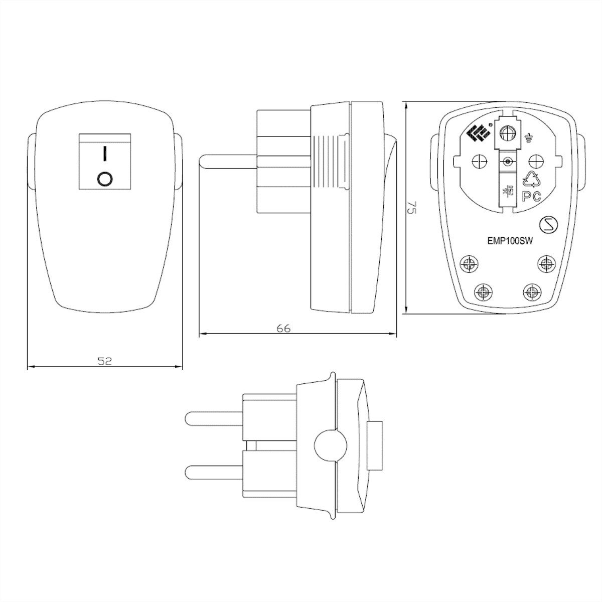 Bachmann Schutzkontaktstecker Stromadapter, 0 cm, weiß, abschaltbar Wippschalter 2-p, 911.271
