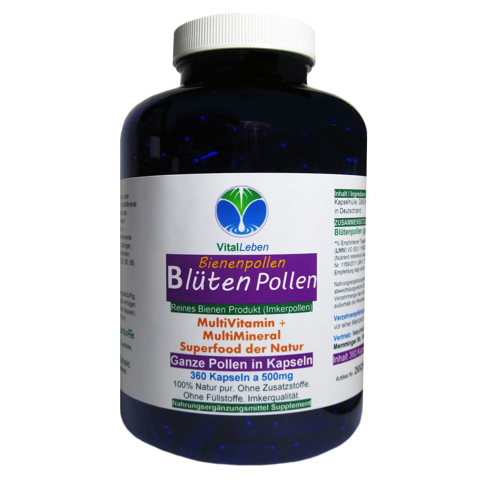 VitalLeben BLÜTENPOLLEN - GANZE Bienenpollen Multi-Vitamin & Multi-Mineral Kapseln, 1 er Dose à 360 St., 180 g