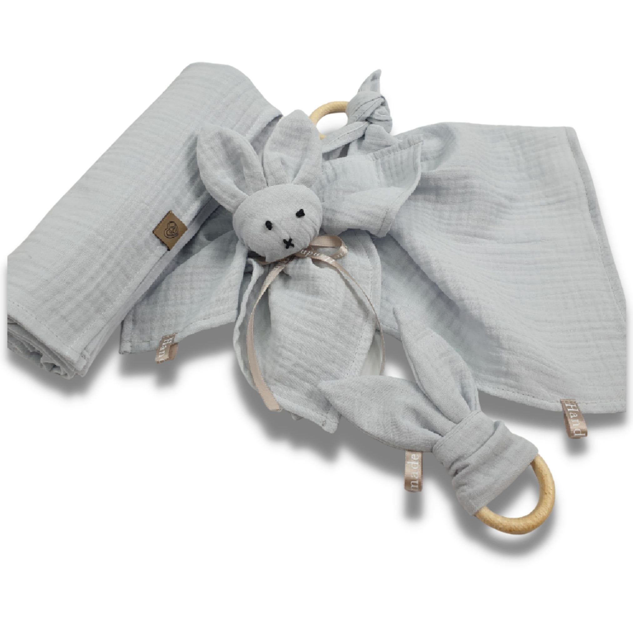 Neugeborenen-Geschenkset Musselin Geschenk Set 4 tlg Beißring Knistertuch etc.