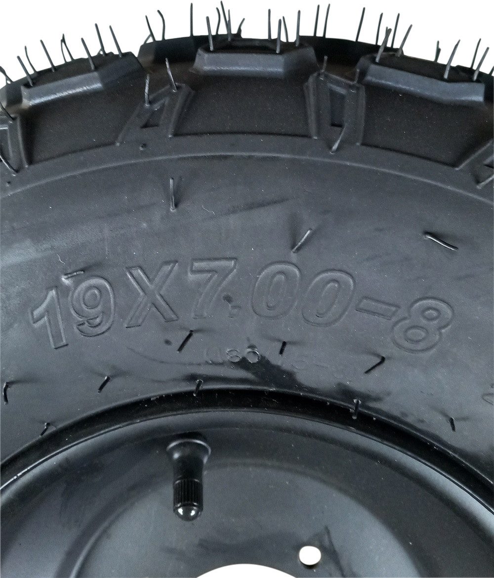 FunSport-Factory Kinderfahrzeug-Räder Komplettrad Quadreifen 19x7-8 Reifen 3-Loch Felge Schwarz rechts, Noppen-Profil, hoher Grip, für Quads, robust & langlebig