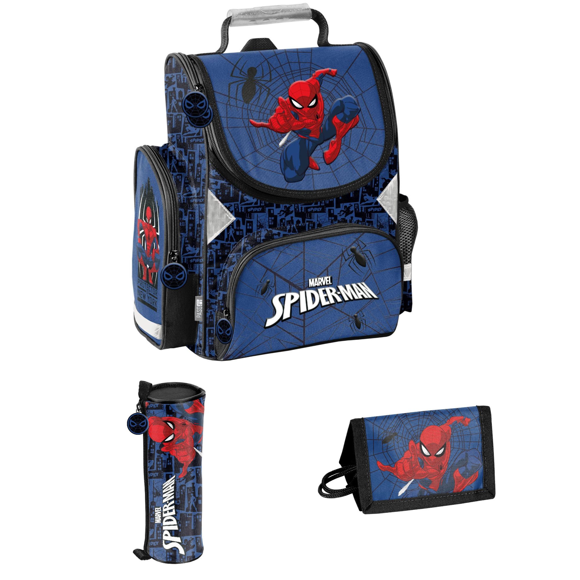 PASO Schulranzen mit Faulenzer Federmappe & Portemonnaie (3-Tlg), Spider-Man - blau, schwarz