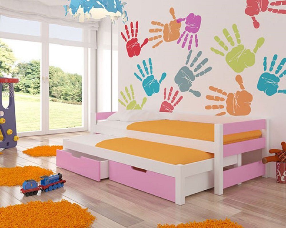 Feldmann-Wohnen Kinderbett FRAGA (mit 2 Schlafgelegenheiten), Farbe wählbar Kiefer weiß / Absetzungen: rosa