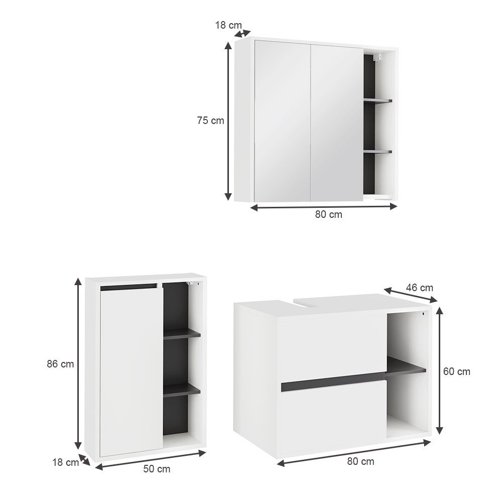 Vicco Badmöbel-Set Viola, Weiß/Grau, 3 Teile, günstig online kaufen