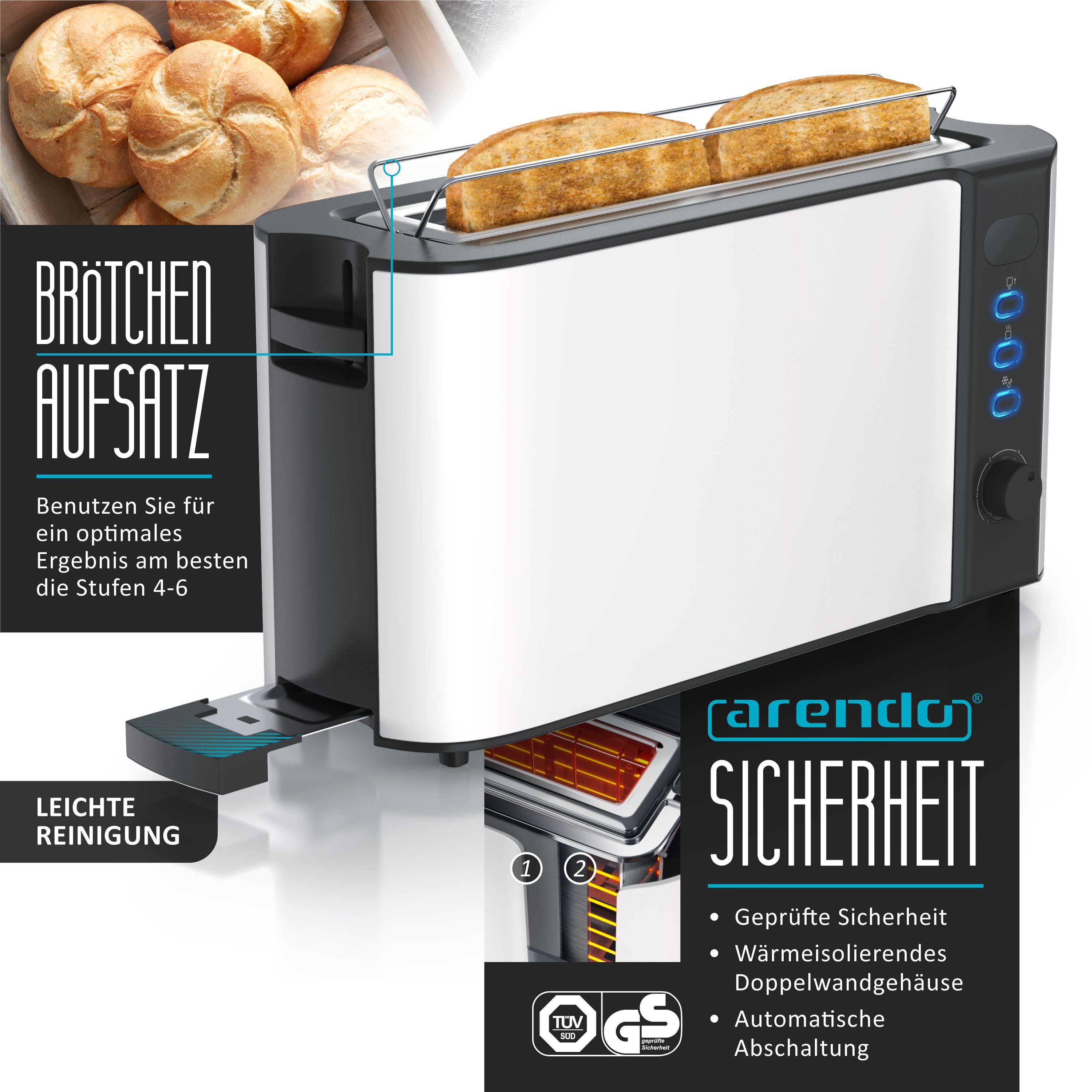 Arendo Frühstücks-Set Wasserkocher 1,5l & 2-Scheiben Langschlitz Toaster, Edelstahl, Weiß (2-tlg), Wasserkocher mit Temperaturwahl, Toaster mit Brötchenaufsatz – Bild 5 von 5