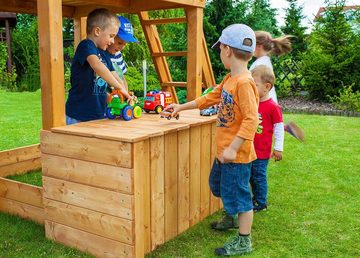 FUNGOO Spielturm MAXI SET JOYFUL CASTEL, mit Schaukel & Rutsche, Klettererweiterung, Spielhaus, Sandkasten