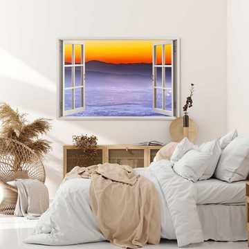 Sinus Art Leinwandbild Wandbild 120x80cm Fensterbild Sonnenuntergang Abendrot Berge Natur Win, (1 St)