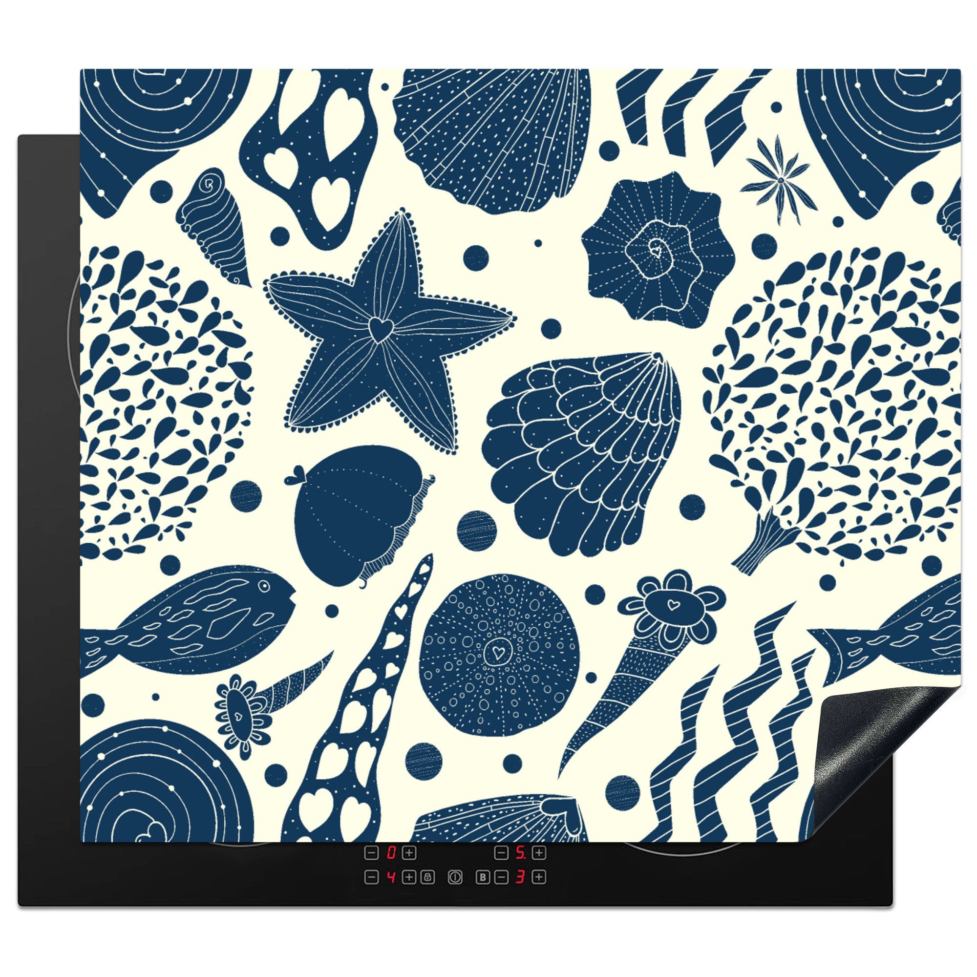 MuchoWow Herdblende-/Abdeckplatte Muscheln - Strand - Blau - Muster, Vinyl, (1 tlg), 60x52 cm, Mobile Arbeitsfläche nutzbar, Ceranfeldabdeckung