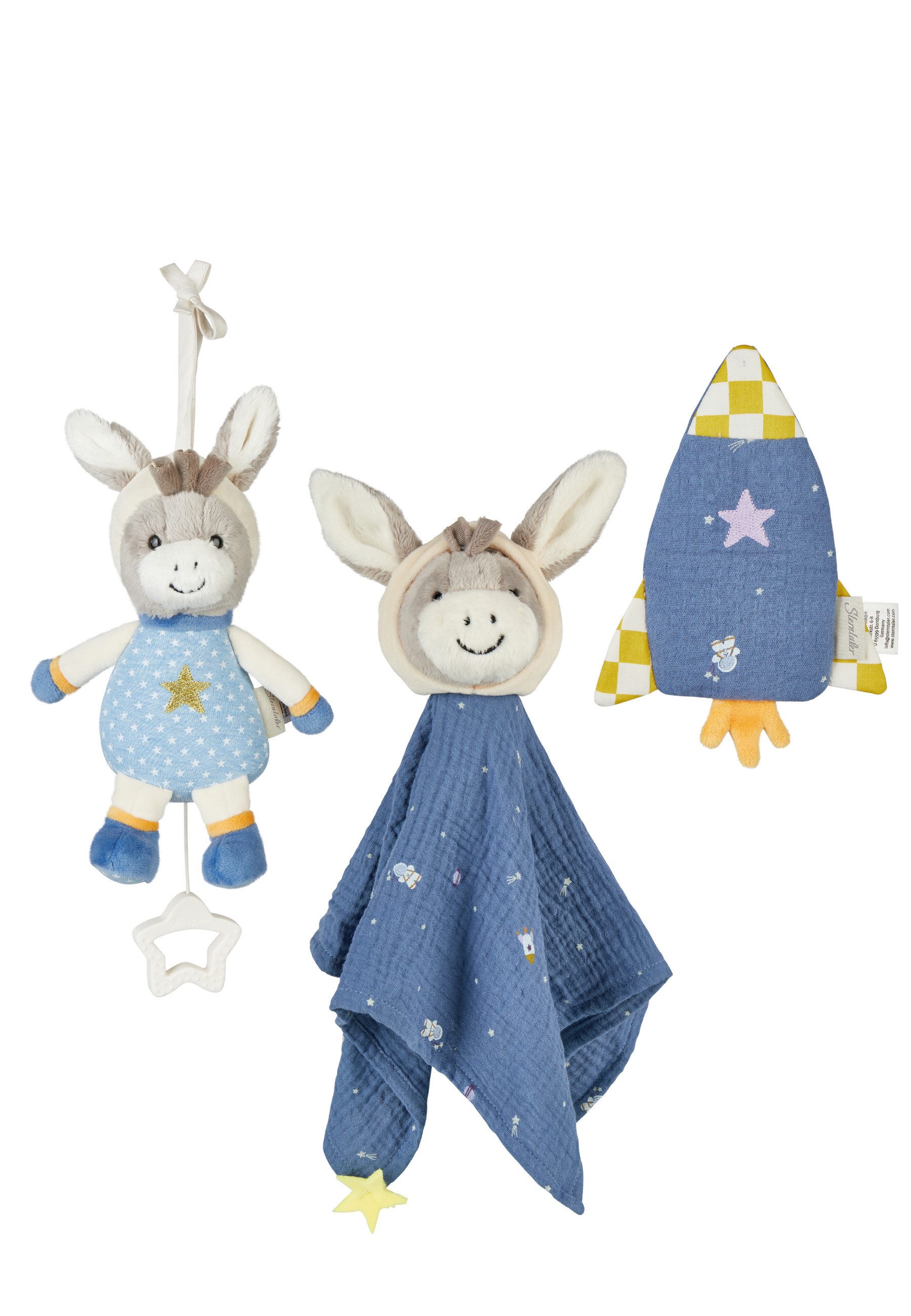 Sterntaler® Kuscheltier Multipack Spielwaren ESEL Cosmo Emmi (3er-Pack, herausnehmbares Spielwerk, Sternengriff für erleichtertes Aufziehen, Bindebänder, 3-St., Multipack bestehend aus Spieluhr S, Schmusetuch L und Knistertier), Esel Cosmo Emmi: Spieluhr, Schmusetuch & Knistertier im Set