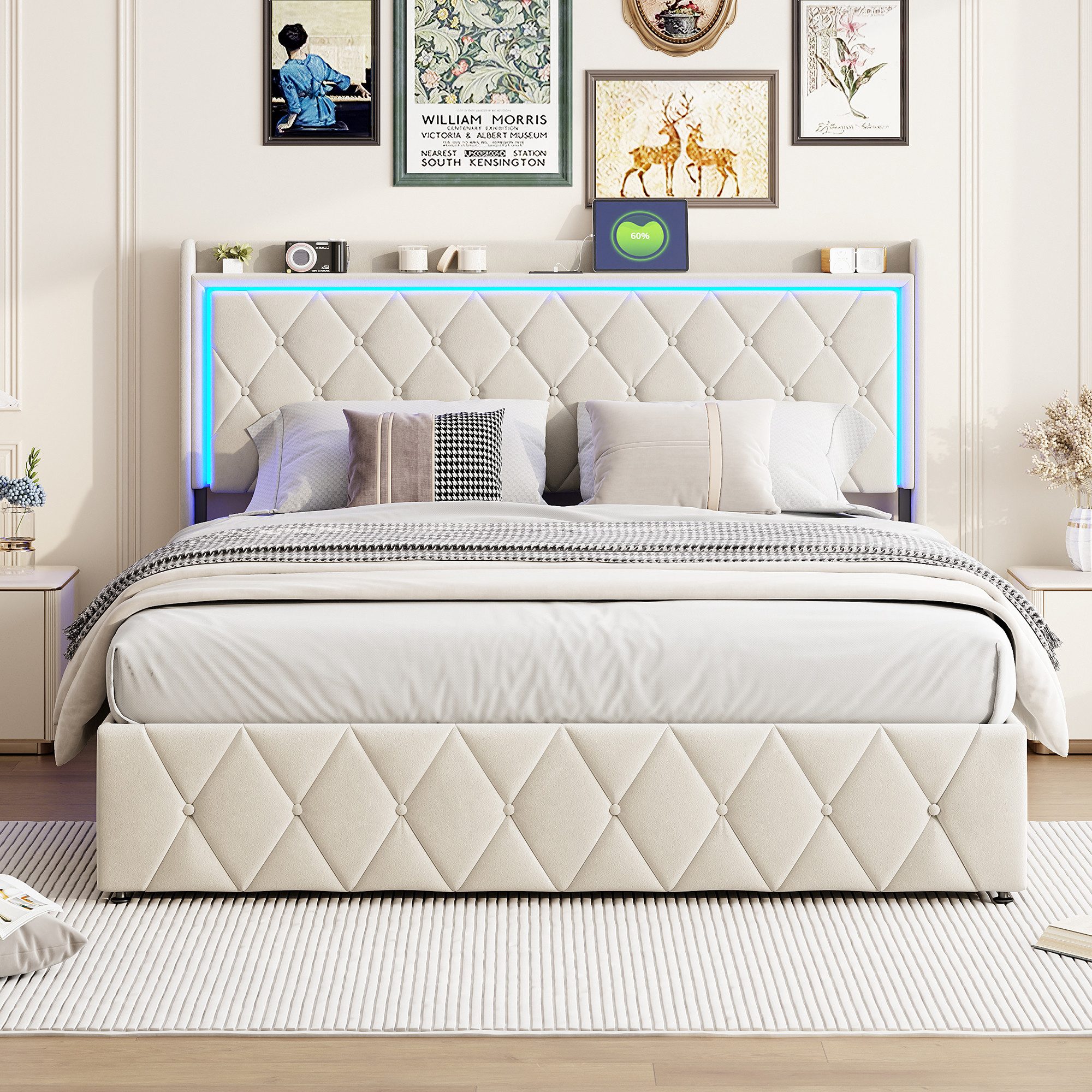 NMCXXO Funktionsbett Modernes Polsterbett mit LED-Beleuchtung in Beige, Ele günstig online kaufen