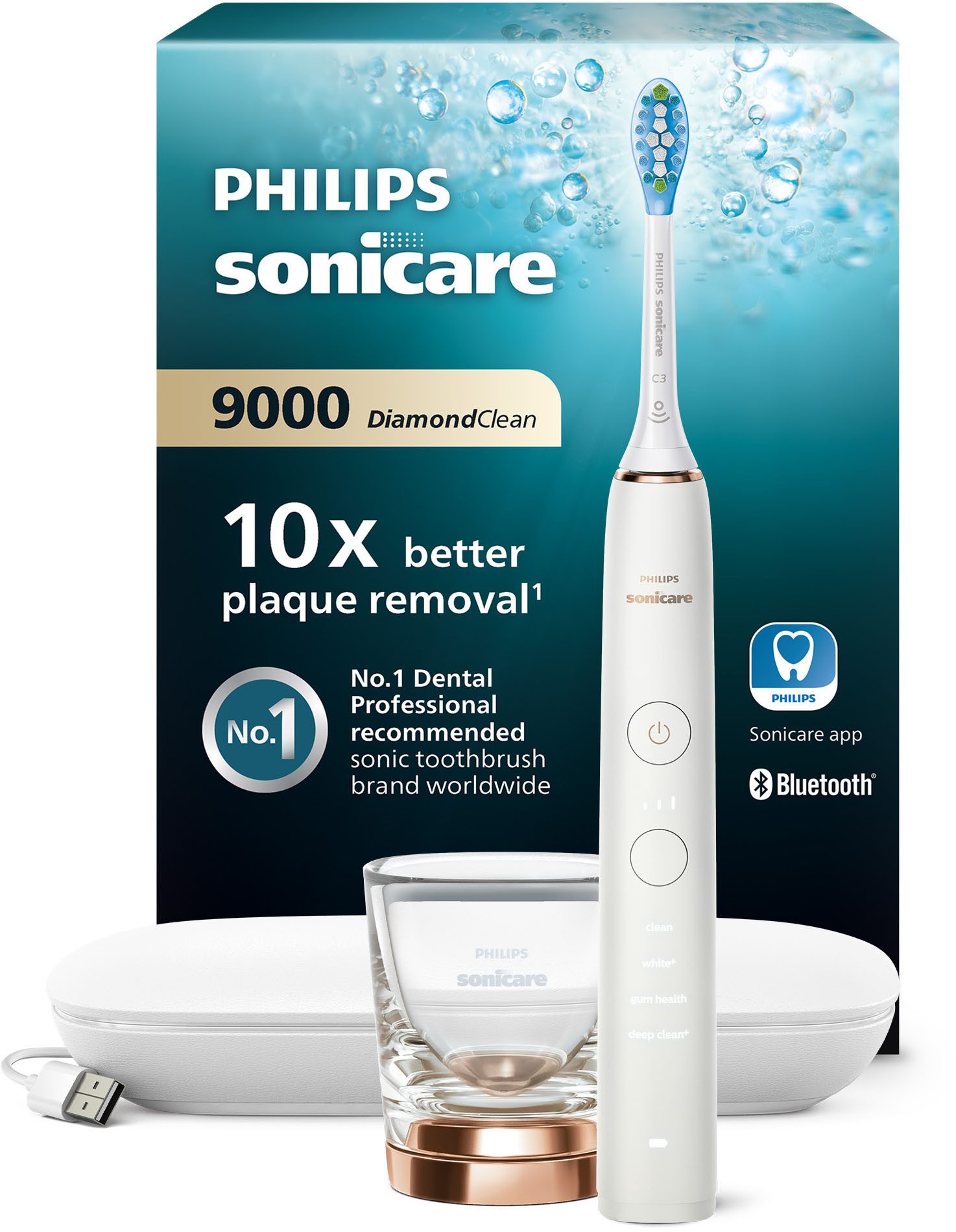Philips Sonicare Elektrische Zahnbürste DiamondClean 9000 HX9911, Aufsteckbürsten: 1 St., mit Schalltechnologie, Ladeglass, USB-Reiseetui