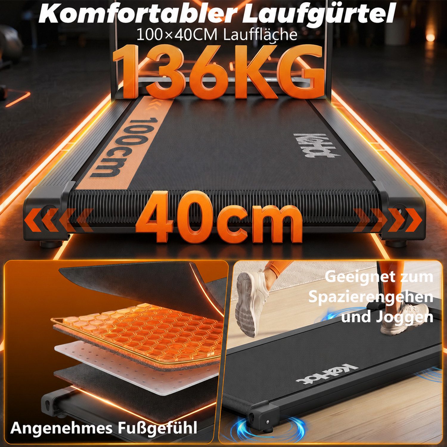 kehot Laufband Laufband klappbar bis 136 kg für Walking und Jogging (1–12 km/h mit Stoßdämpfung für gelenkschonendes Training, 2,5 PS Motor für Cardio- und Ausdauertraining zuhause), Platzsparendes Home-Gym Laufband mit Transportrollen
