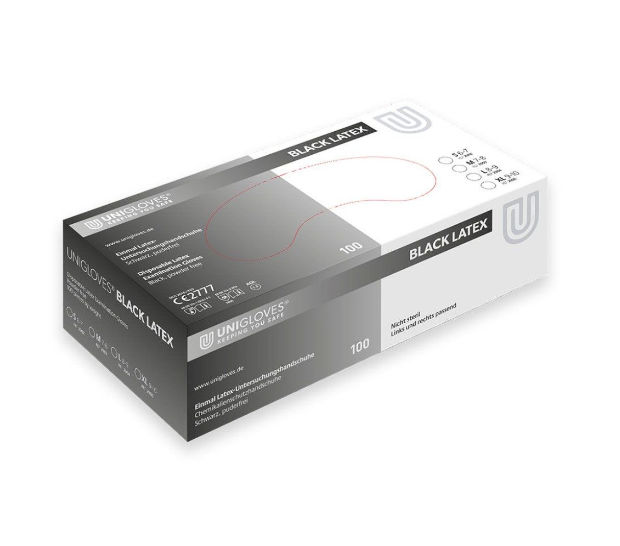 DocMed Latexhandschuhe BLACK LATEX U.-Handschuhe Gr. S/M/L/XL (Einweghandschuhe, 100-St., Hohe Flexibilität und Reißfestigkeit) Puderfrei & unsteril – ideal für empfindliche Haut