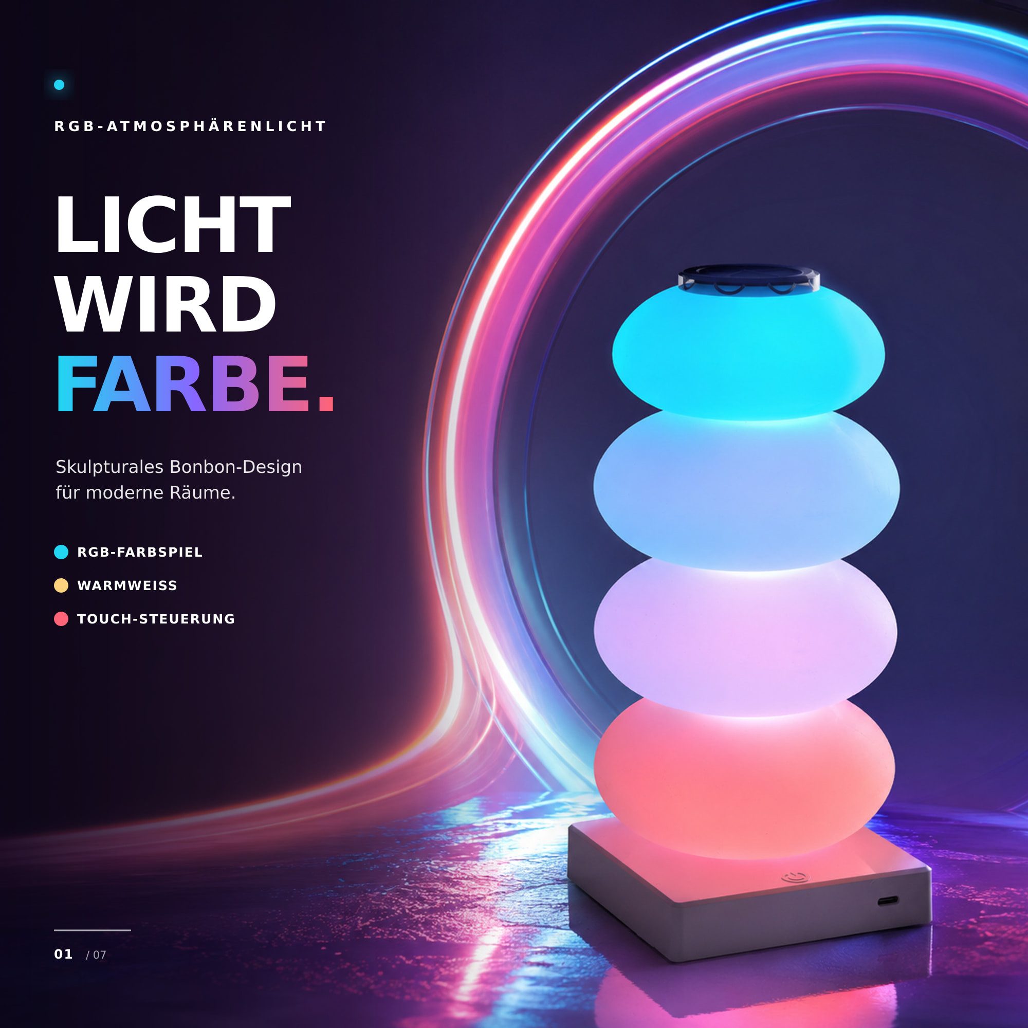 Luckice LED Nachttischlampe RGB LED Touch-Tischlampe im Süßigkeitenkürbis-Design, Nachttischlampe mit Farbwechsel, USB-Tischlampe für Schlafzimmer, Wohnzimmer u – Bild 2 von 5