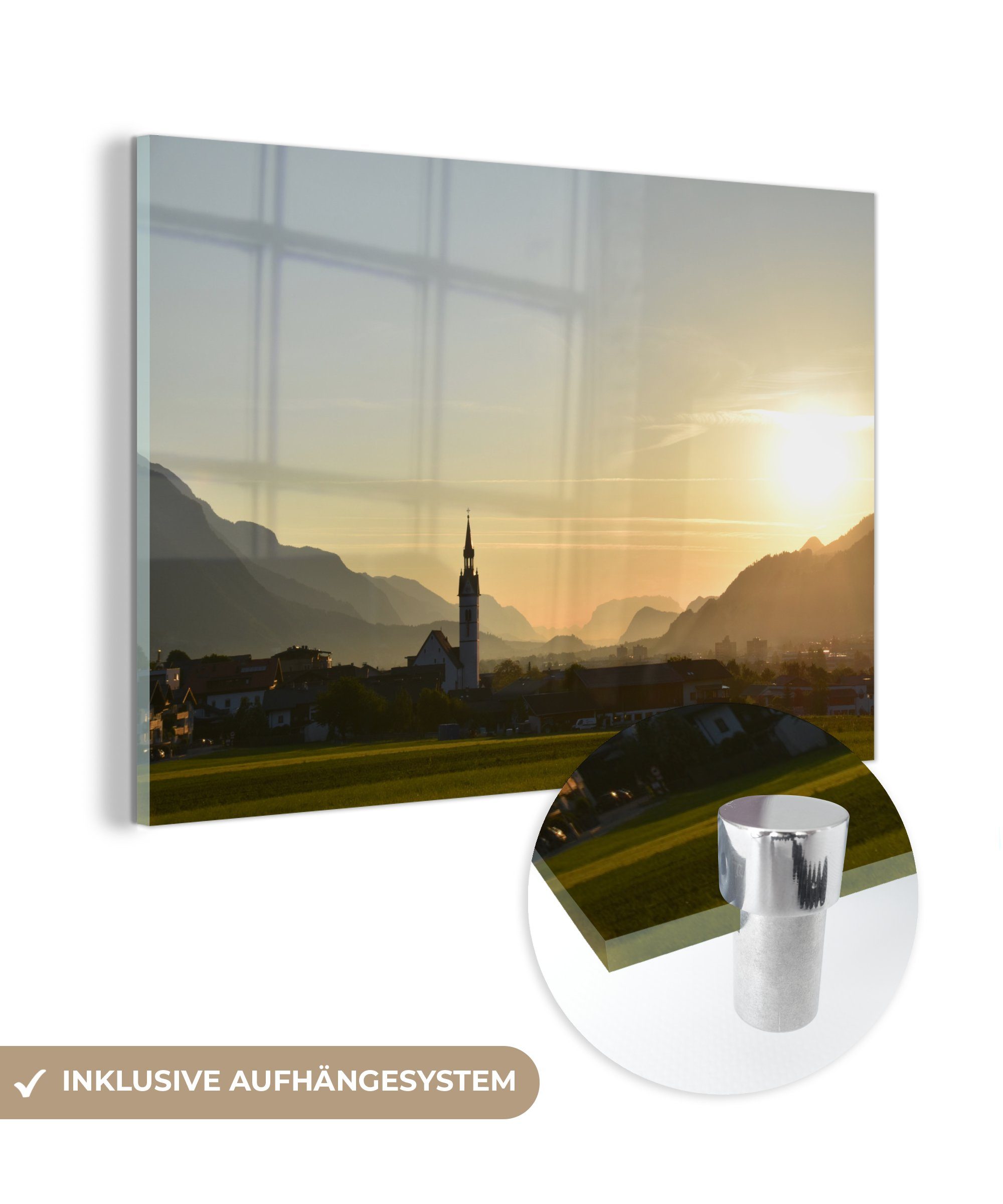 MuchoWow Acrylglasbild Österreich - Sonne - Turm, (1 St), Acrylglasbilder Wohnzimmer & Schlafzimmer