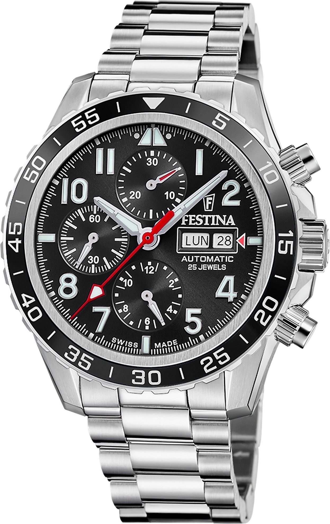 Festina Multifunktionsuhr Festina Herrenuhr Swiss Made Armbanduhr, (Multifunktionsuhr), Herren Armbanduhr rund, Edelstahlarmband silber, Elegant