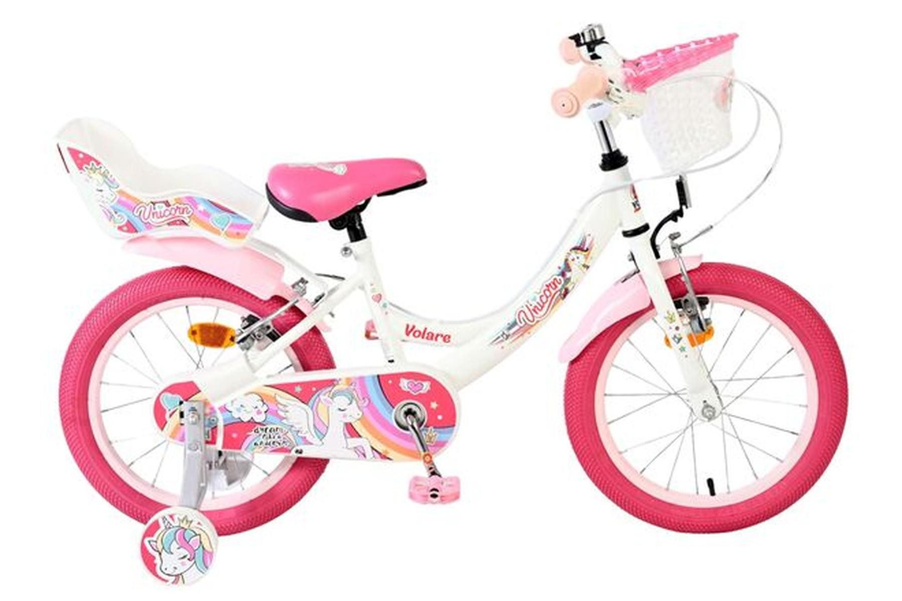 Volare Kinderfahrrad Unicorn Mädchen 16 Zoll Weiß mit Zwei Handbremsen und Zubehör, Einhorn-Design, Regenbogenakzente, abnehmbare Stützräder, Klingel
