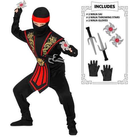 Widmann S.r.l. Kostüm Ninja Kostüm mit Zubehör für Kinder - Rot Schwarz, Japan Krieger Kämpfer Anzug
