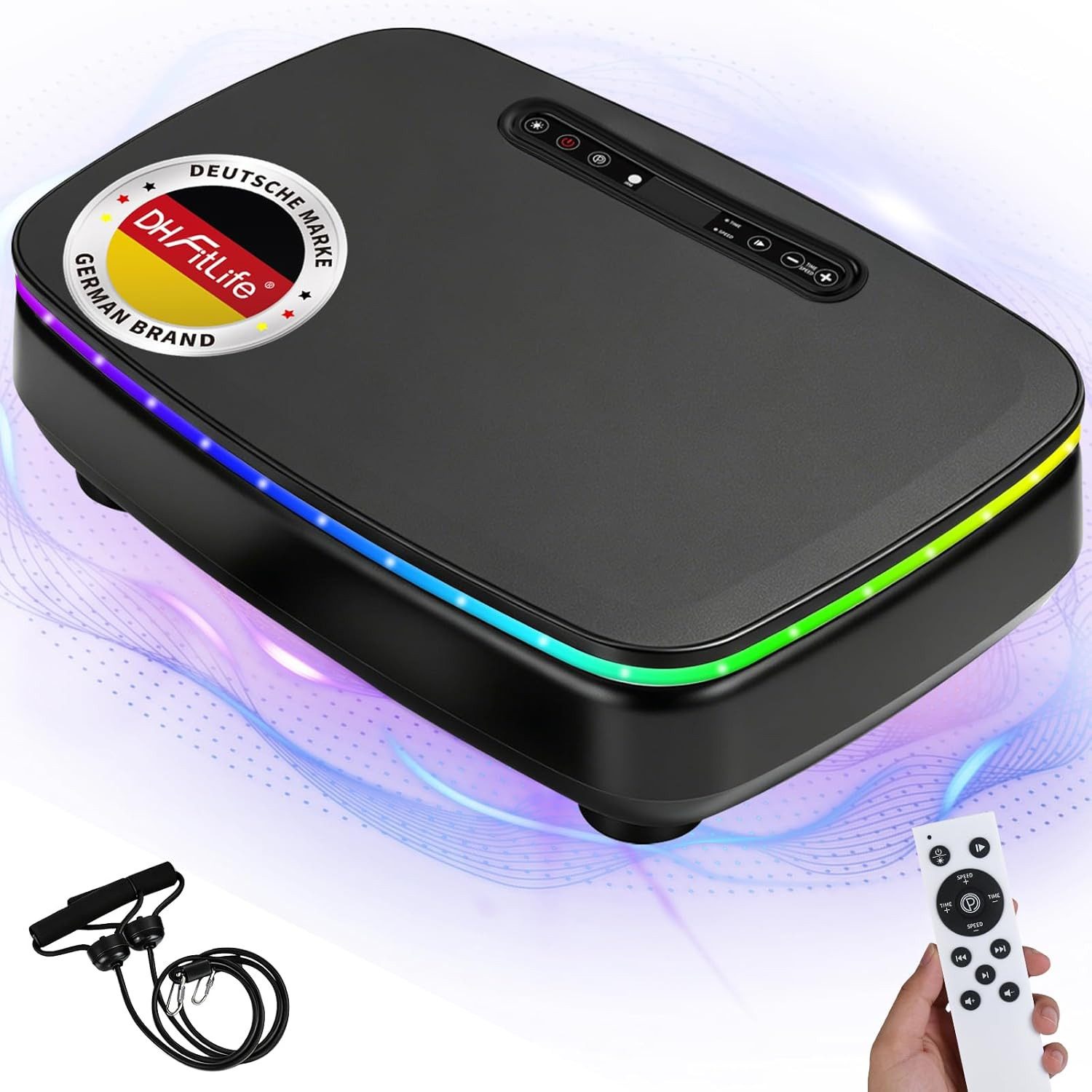 DH FitLife Vibrationsplatte für Zuhause, 9 Auto-Programme, Bluetooth & Stimmungslicht, 150 W, 99 Intensitätsstufen, (Set, mit Trainingsbändern), Leise & Stabil mit Saugnäpfen, Inkl. Zugbänder, 150kg Belastung