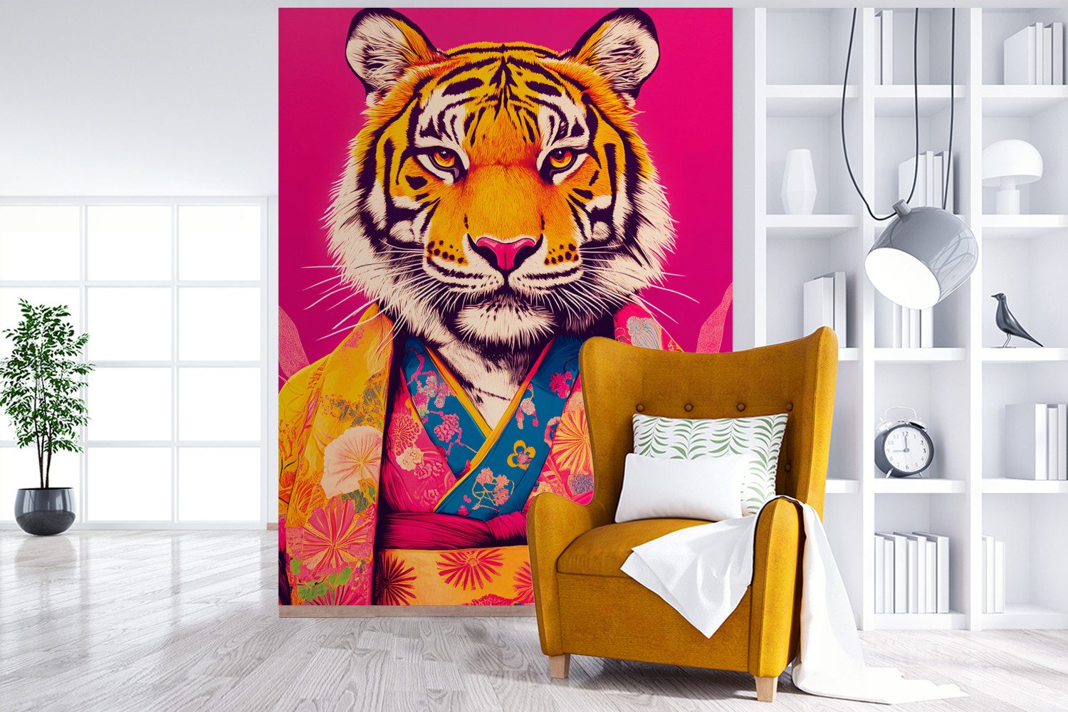 MuchoWow Fototapete Tiger - Kimono - Pflanzen - Rosa, Matt, bedruckt, Wallpaper für Wohnzimmer, Schlafzimmer, Vinyl Tapete, 165x220 cm