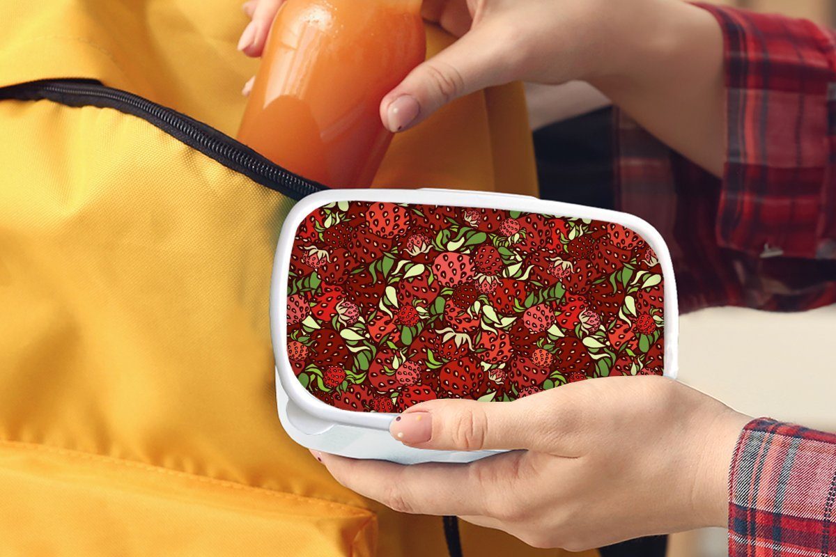 Kunststoff, (2-tlg), und und - Jungs Lunchbox Brotdose, Puber - Mädchen MuchoWow weiß Erdbeere Muster, Obst Brotbox für für Erwachsene, Kinder -