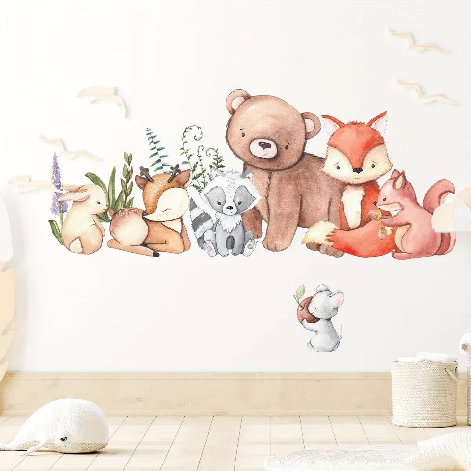 Montegoni Wandsticker Süße Tier Wandsticker – Bären, Fuchs, Hase & Maus, geeignet für Kinderzimmer, Babyzimmer oder Wohnzimmer Dekoration