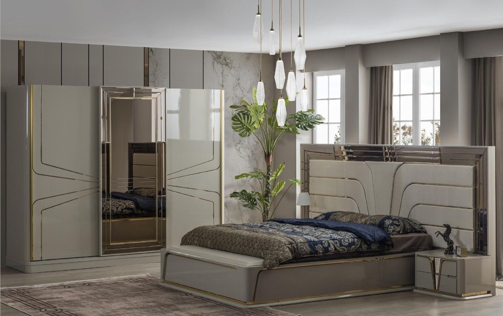 JVmoebel Schlafzimmer-Set Garnitur Schlafzimmer Doppelbett Luxus Bett Modern Beige Set 4tlg Neu