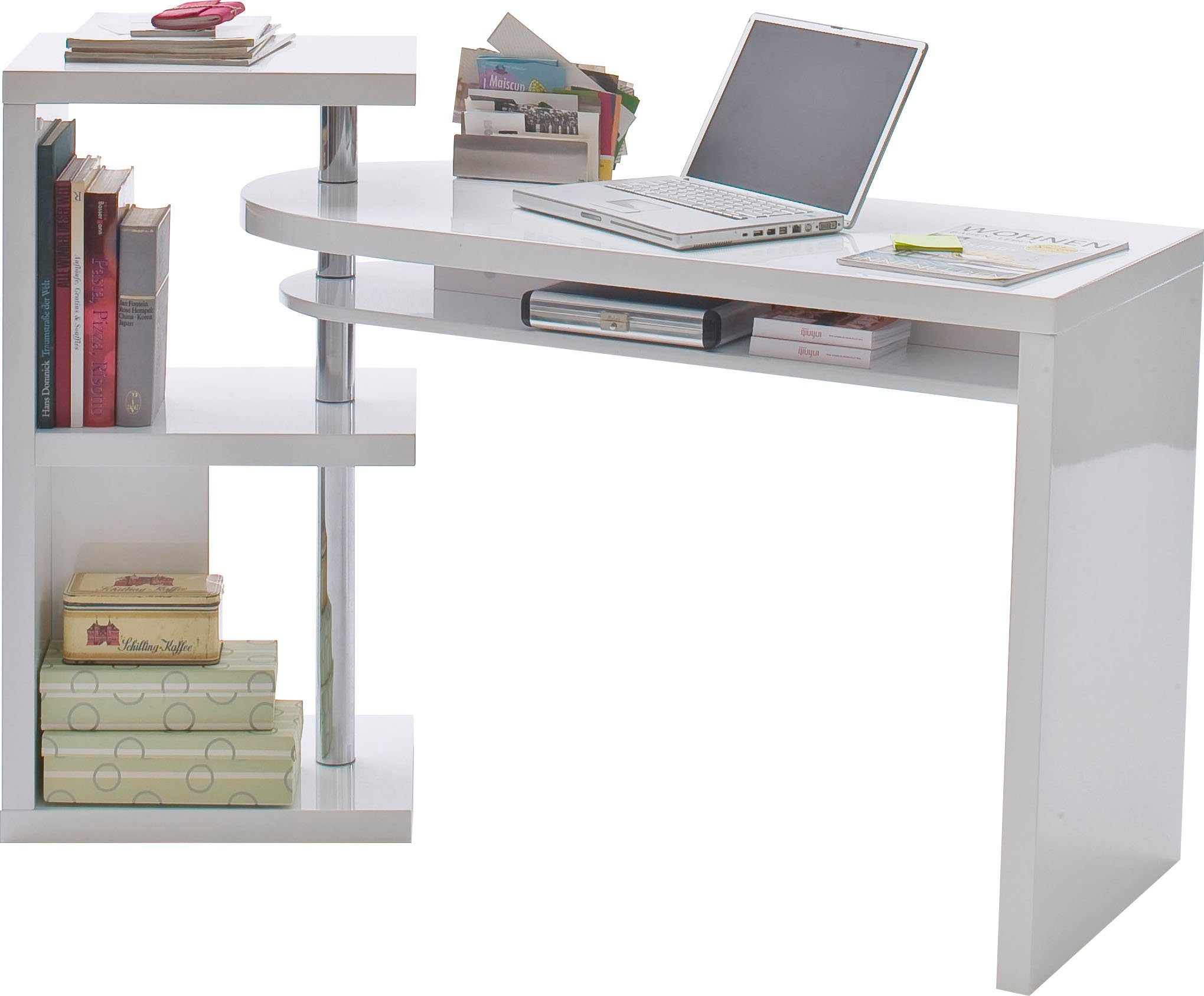 Regalelment furniture MCA schwenkbar Mattis, Schreibtisch hochglanz, weiß Tischplatte mit
