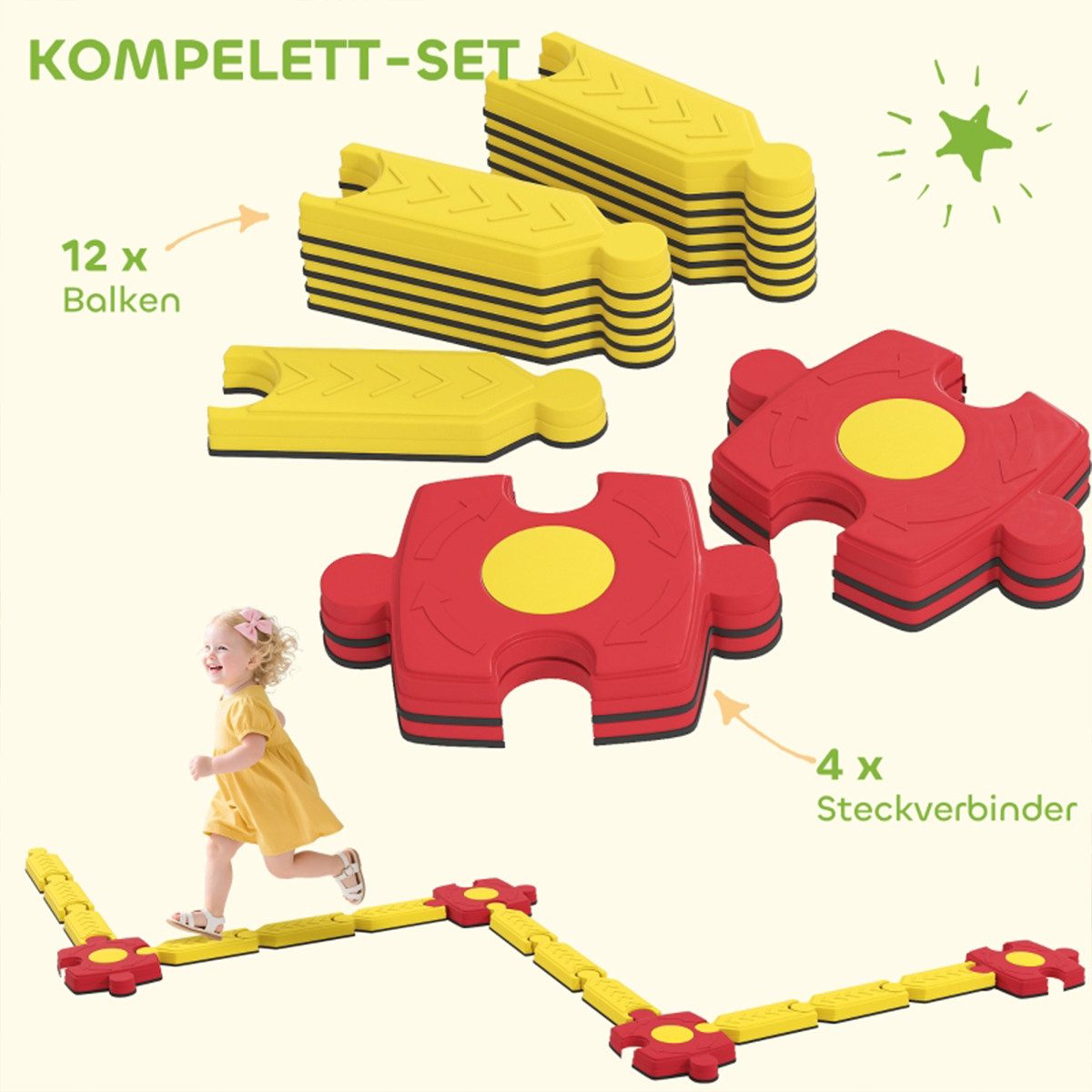 XDeer Balance Board Ständer Balancetrainer Frei Gestaltbar Kinder Schwebebalken-Set, (Kunststoff Balancierbalken  von 3 bis 8 Jahren Gelb+Rot)