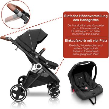 BabyGo Kombi-Kinderwagen Halime 3in1, Anthracite Black, inklusive Babywanne, Babyschale, Regenhaube & Wickeltasche