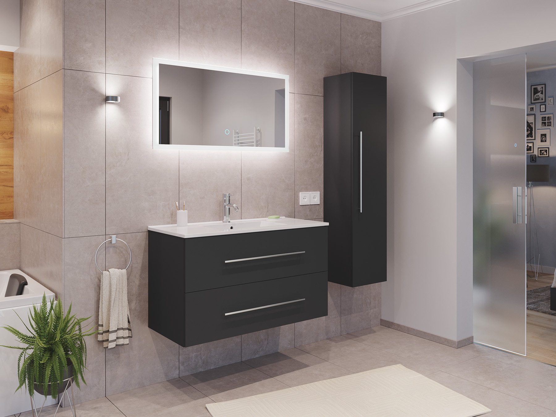 Magnolia Home Waschtisch Badmöbel Set Firenze 100 3tlg. LED Spiegel und Hochschrank grafit