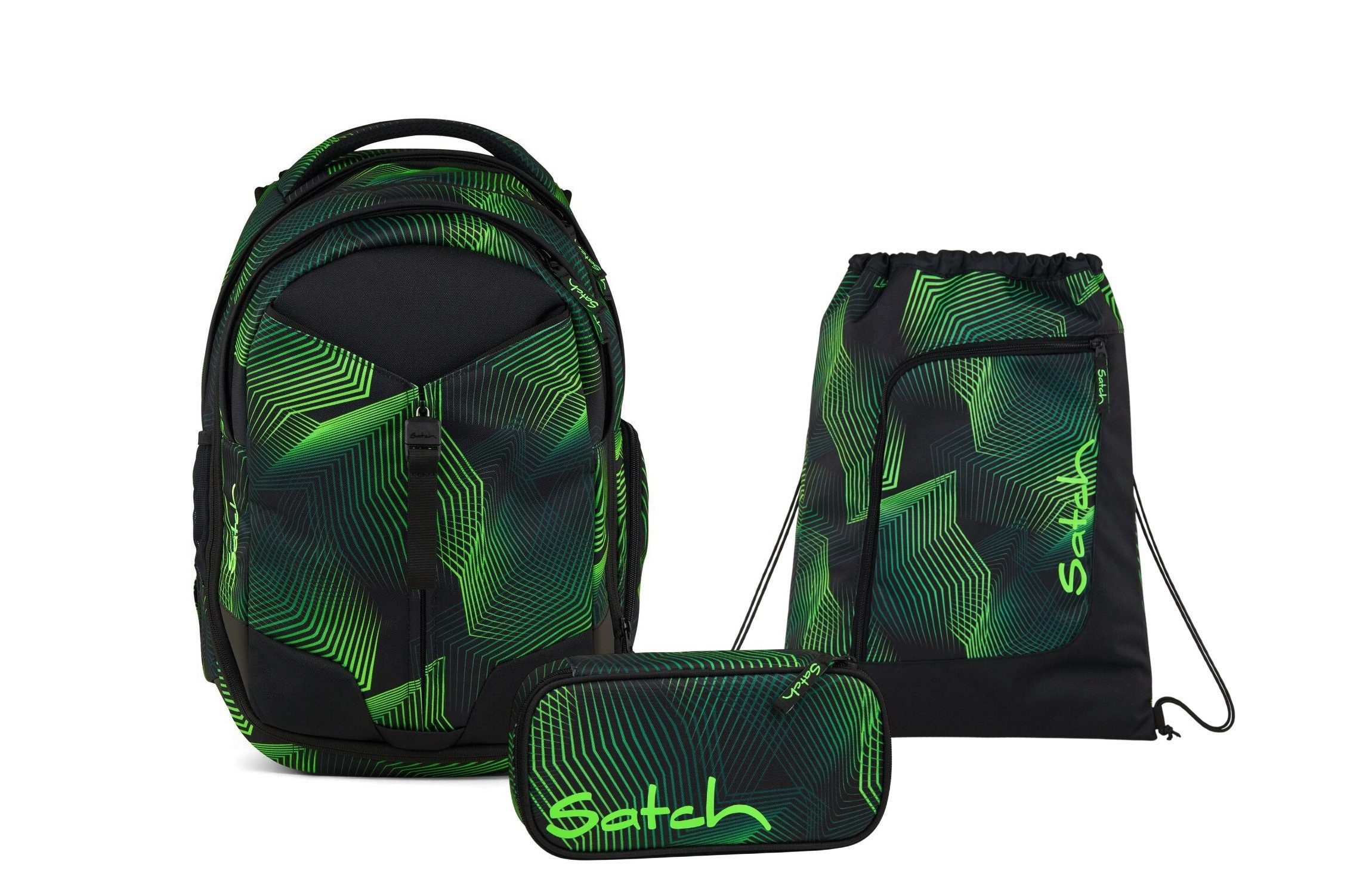 Satch Schulranzen Schulrucksack-Set MATCH Seismic Green 3-teilig (3-teilig), Schulranzen, ergonomisch, 30 + 5 Liter