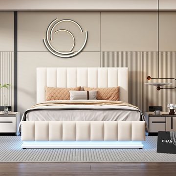 WISHDOR Polsterbett Doppelbett mit höheverstellbarem Polsterkopfteil (140 x 200 cm ohne-Matratze), Modernes Bett mit LED, Einfach zu montierender Bettrahmen