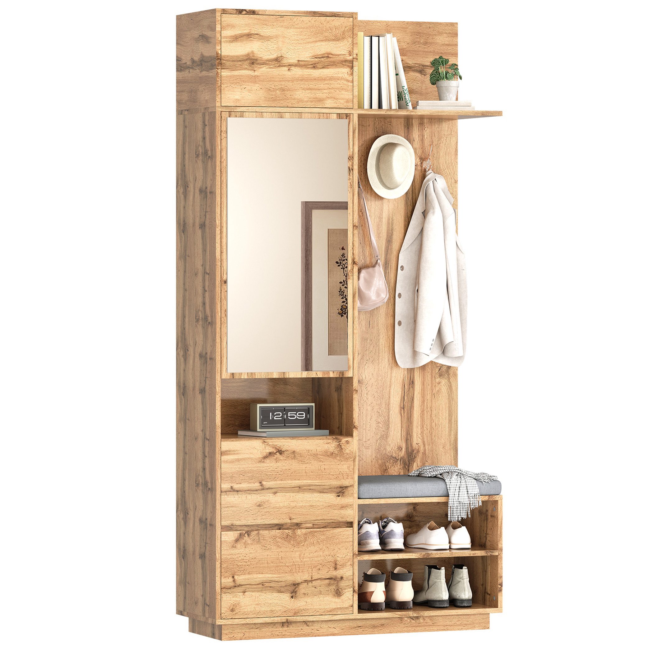 SeedWave Garderobe Garderobenschrank mit Sitzbank, Doppelhaken, Spiegel, Viel Stauraum, Standgarderobe mit geschlossenen & offenen Staufächern