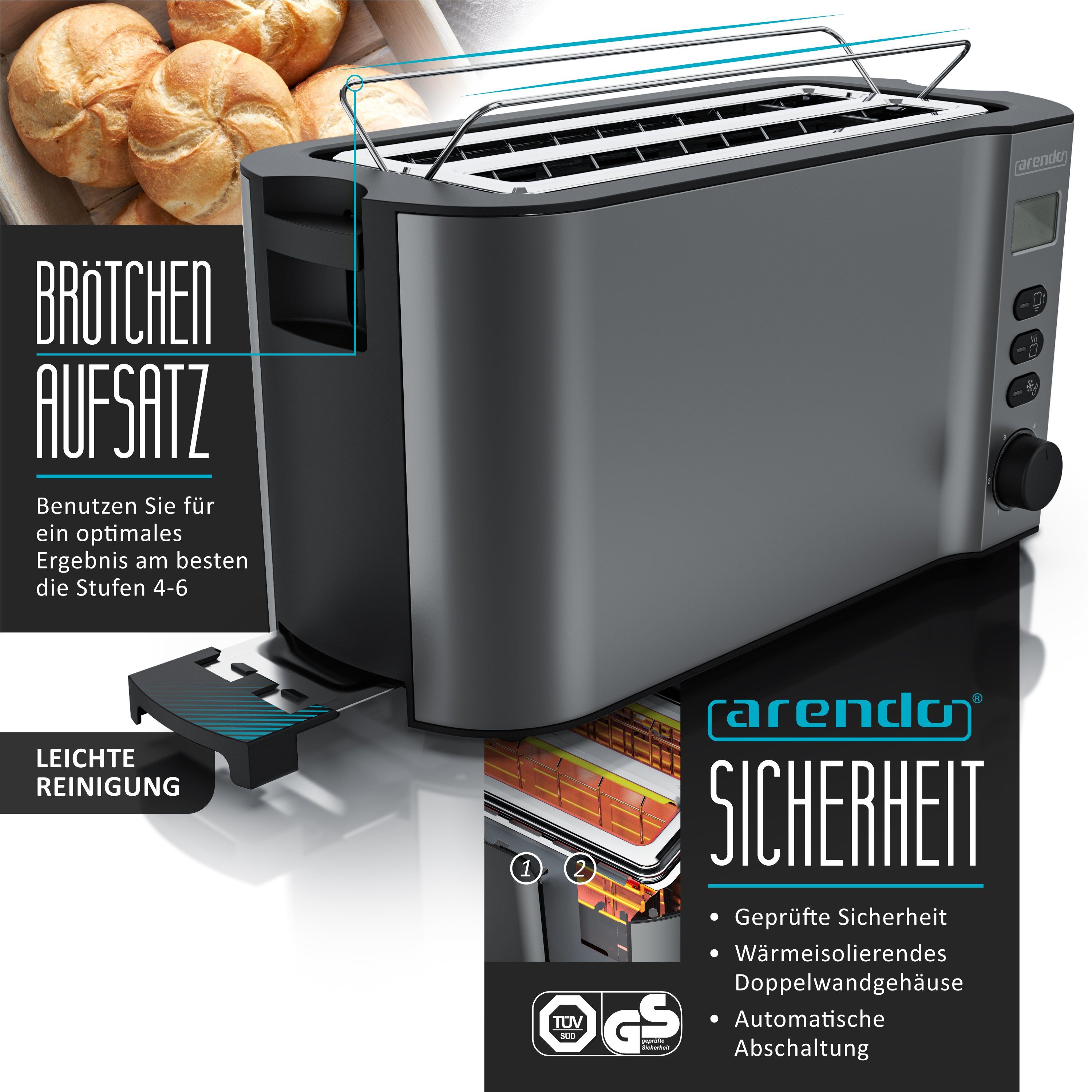 Arendo 7er Langschlitz Toaster, (2-tlg), Frühstücks-Set 4-Scheiben Grau Eierkocher,