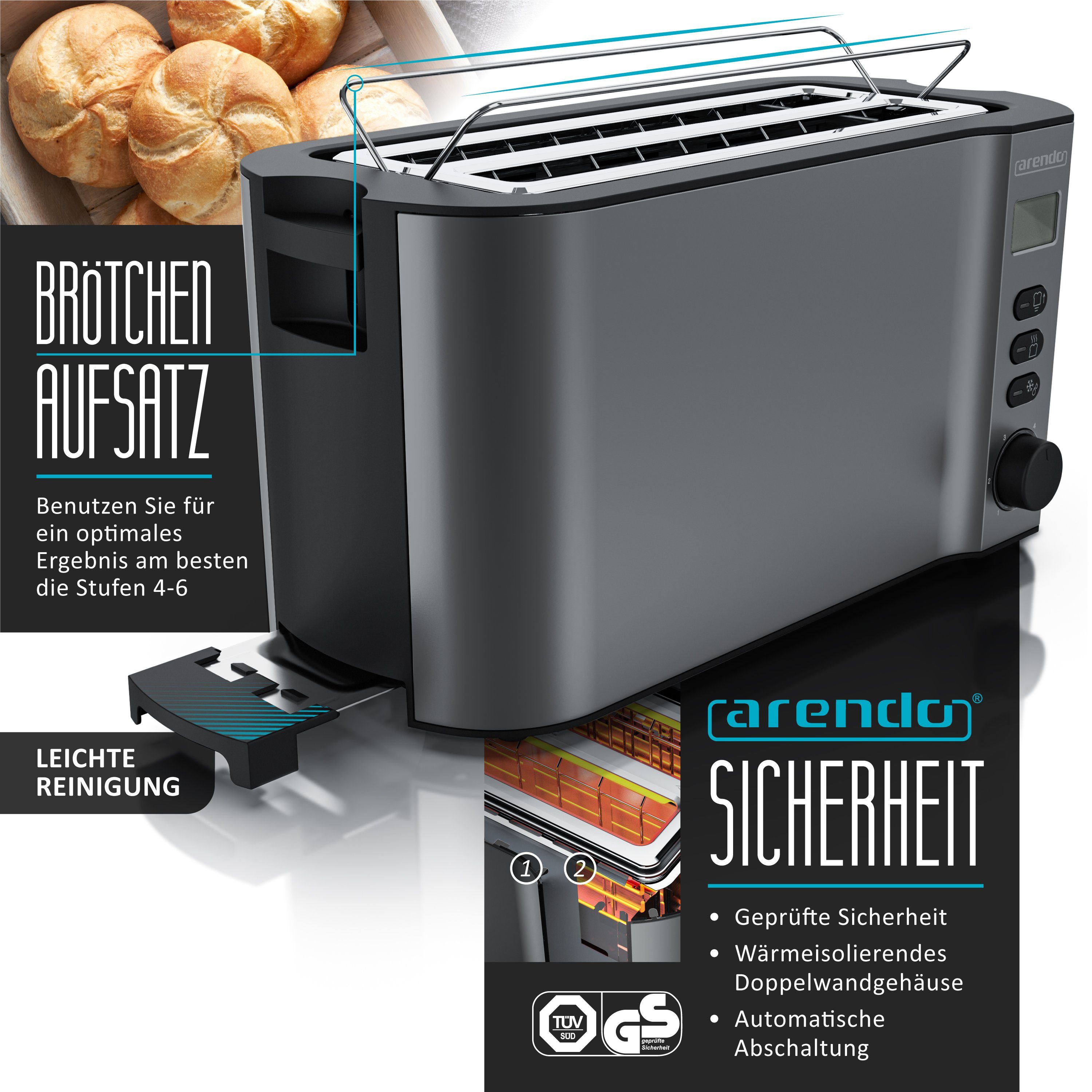 Arendo Frühstücks-Set (2-tlg), 4-Scheiben Langschlitz Toaster, 6er Eierkocher, Cool Grey